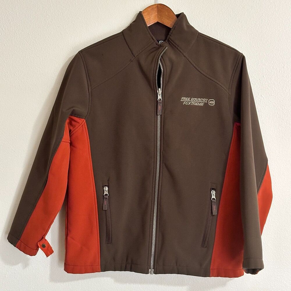 Free Country FCXtreme Jacket Kids Boys Brown Orange Softshell Sweater L 10/12